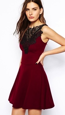 maroon skater dress with black lace accent 