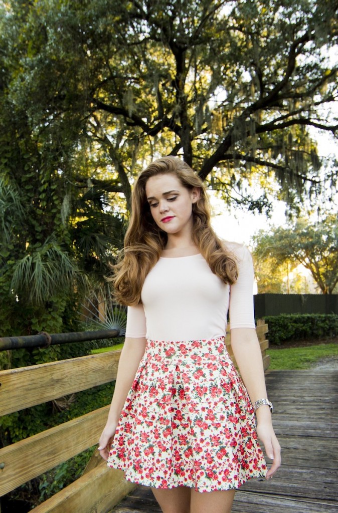 pleated coral floral skirt