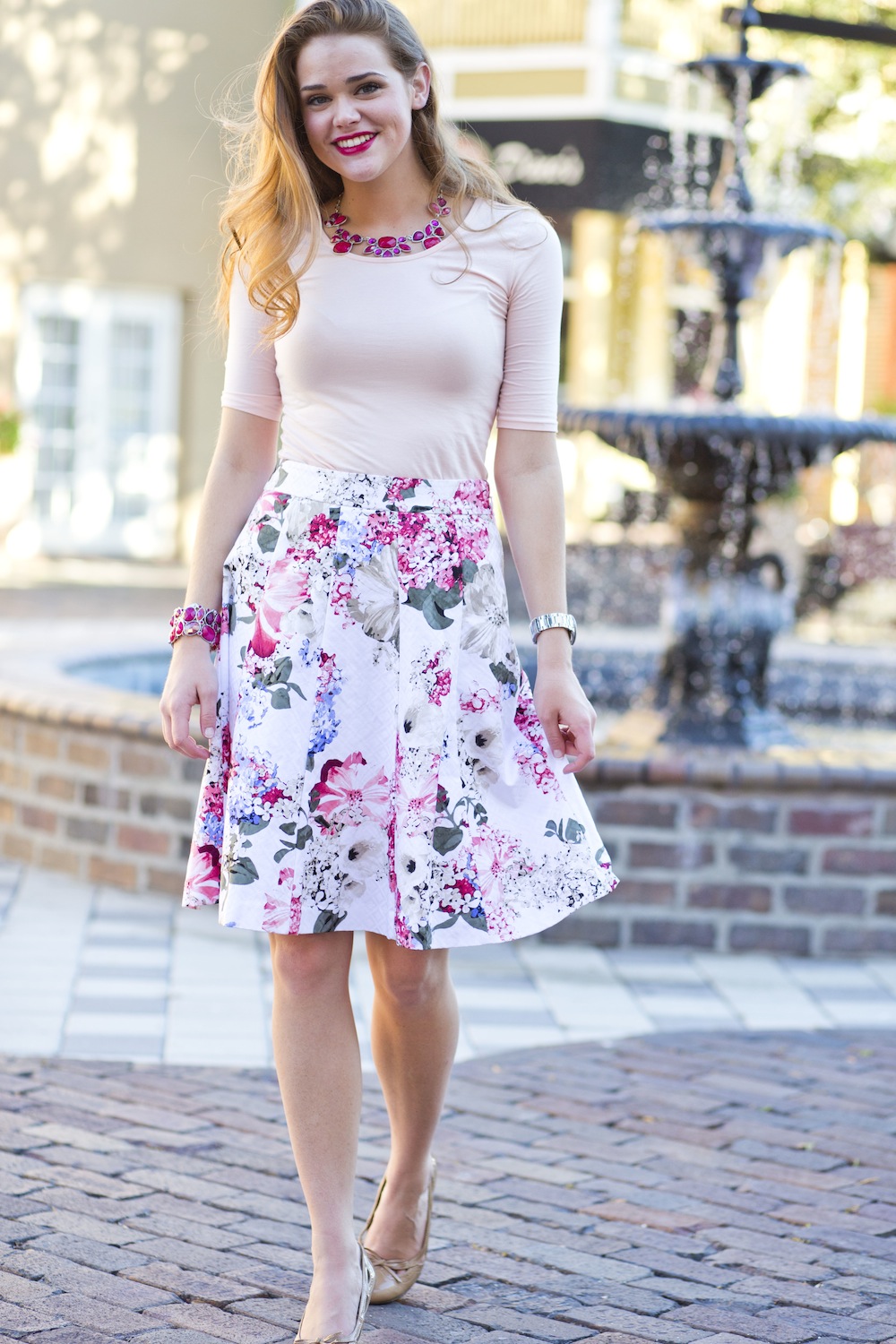 pink floral midi skirt